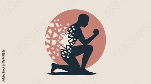 Shattered Silhouette Kneeling Man in Black with Fragmented Body Against Circle in Light Background