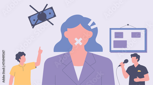 Silenced woman with taped mouth, money blocked, speaker with microphone, and raised finger