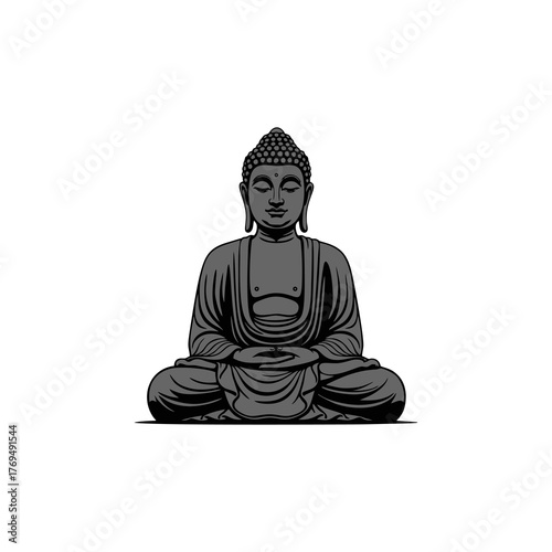 A serene depiction of a seated Buddha statue in a meditative pose.