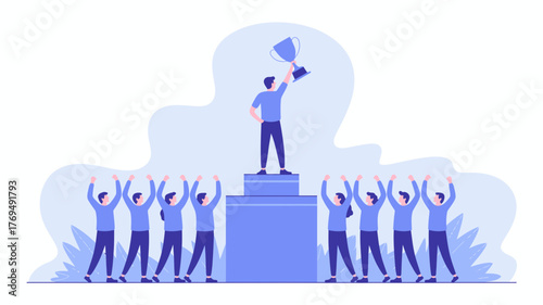Team celebrates a triumphant leader holding a trophy aloft on a pedestal symbolizing success and victory