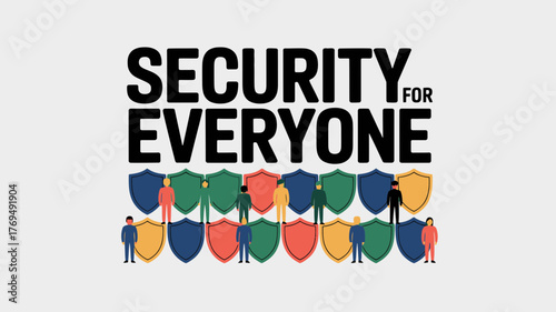 Diverse people stand behind colorful shields representing security for everyone in a conceptual illustration