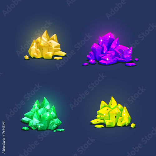 Vibrant collection of colorful, luminous crystal clusters, glowing with inner light