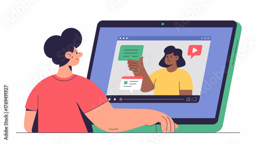 Young person watches online educational video tutorial on a tablet computer screen learning new skills