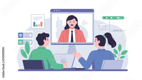 Diverse team participates in a virtual meeting with a presenter on a large screen and laptops on desks