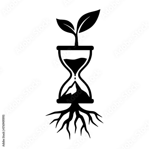 Hourglass with roots and leaves – patience and progress idea  vector with white background 