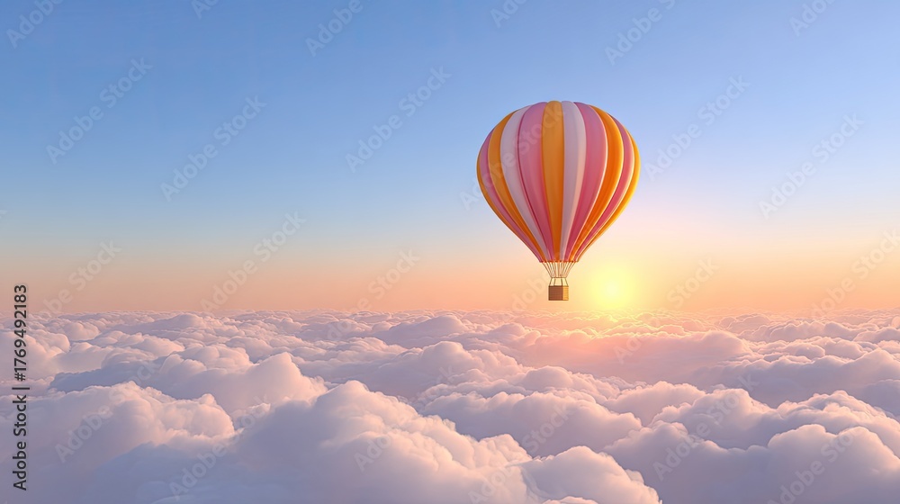 Obraz premium Colorful hot air balloon soaring above the clouds during a stunning sunrise in a clear blue sky, capturing the essence of adventure and freedom