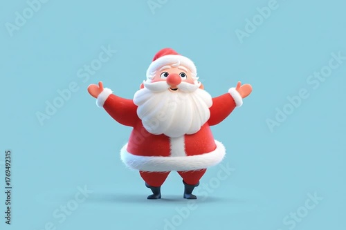 Animated Santa Claus character joyfully dancing with arms raised, showcasing a playful expression, camera follows his movement, capturing fest