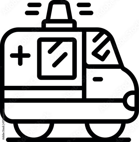 Line art icon of an ambulance rushing to a hospital, siren flashing