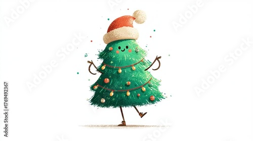 Animated Christmas tree character joyfully dancing with festive decorations and a Santa hat, showcasing vibrant colors and playful expression, capturing holiday spirit in motion