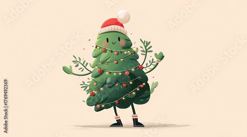 Animated Christmas tree character joyfully celebrating with arms outstretched, adorned with colorful lights and a festive hat, showcasing a cheerful atmosphere in a playful scene