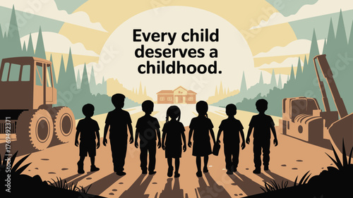 Silhouette of Children Walking Towards a House Past Construction Vehicles Every Child Deserves Childhood