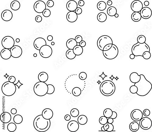 Bubble icon set, clean water symbols, soap foam graphics, hygiene sparkle elements, cartoon bubbles for UI, cleanliness, bath, detergent, freshness