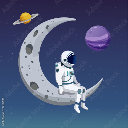Astronaut sitting on a crescent moon with planets in the background, in a cartoonish space scene with a calm and dreamy mood.