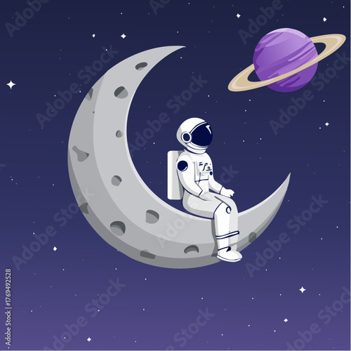 Astronaut sitting on a crescent moon with a purple planet in the background, set against a starry night sky with a deep blue and purple gradient.