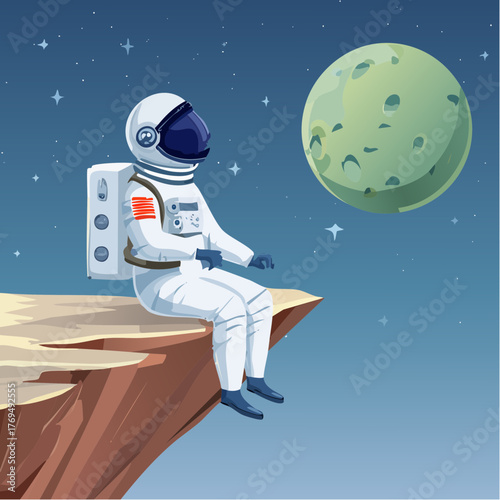 Astronaut sitting on a cliff edge in a white spacesuit looking at a green planet with a starry night sky background.