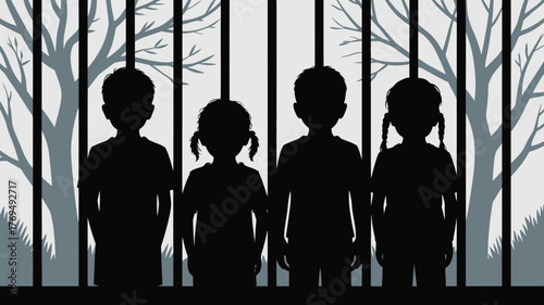 Silhouette of Four Children Behind Bars with Bare Trees Beyond the Window