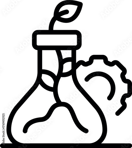 Gmo engineering growing a plant inside a flask with a gear for modification of agriculture, improving harvest and production