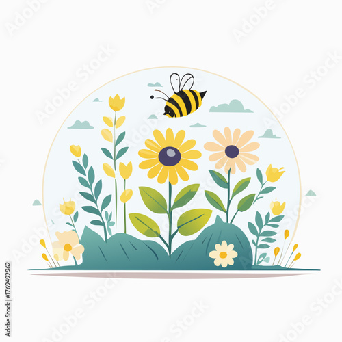 A charming illustration of a busy bee flying above a vibrant garden of sunflowers and various yellow flowers.