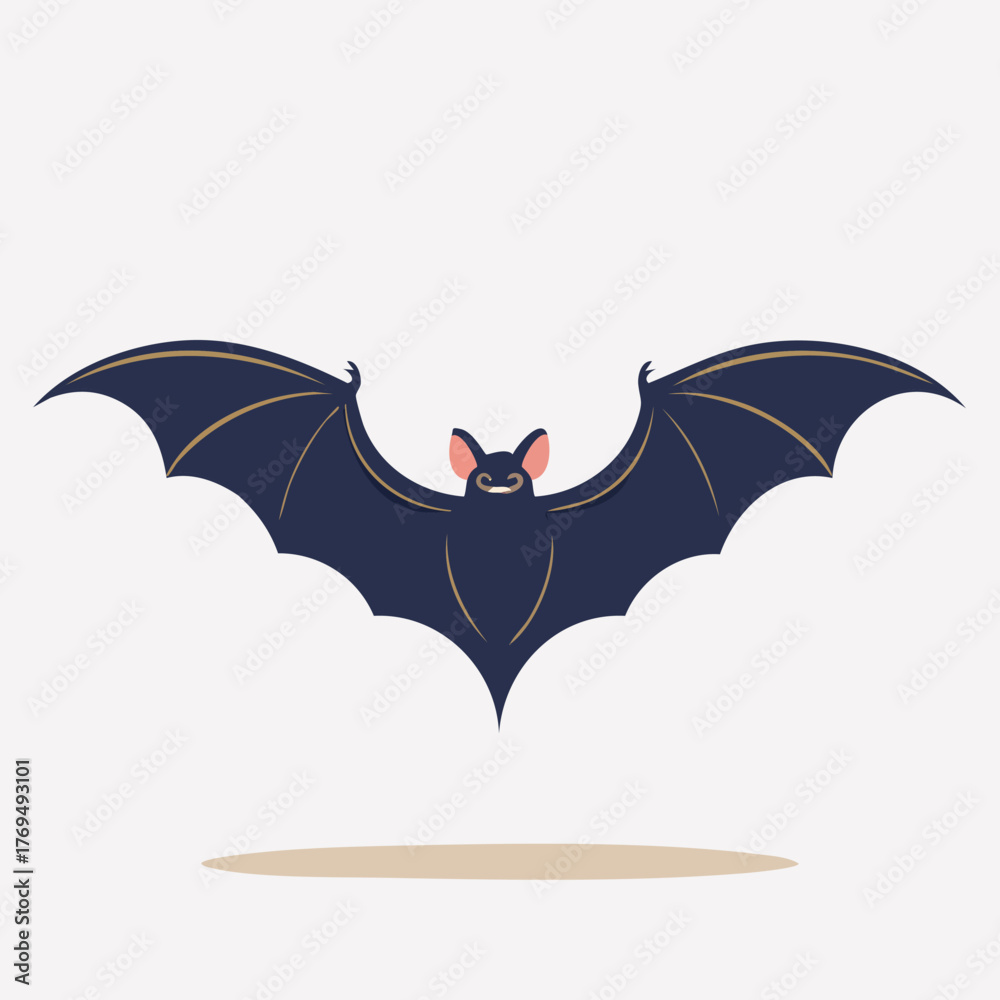Naklejka premium A dark blue bat with pink ears flying with its wings fully extended.