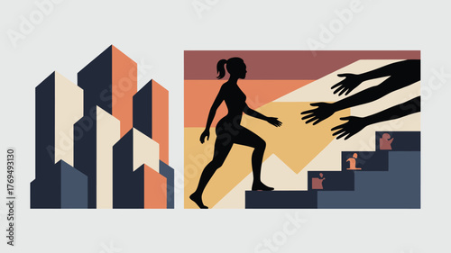 Silhouette of Woman Climbing Stairs Towards Reaching Hands with Geometric Buildings Background