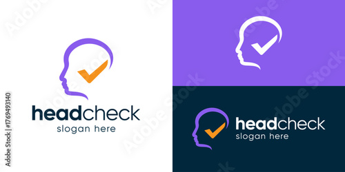 Creative simple head check logo template. Head brain with checkmark symbol, brain check logo design vector illustration.