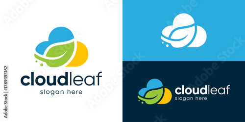 Creative simple cloud leaf logo template. Cloud with leaf eco friendly logo design vector illustration.
