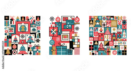 Festive Holiday Mosaic A Trio of Christmas Gift Illustrations in Geometric Delight