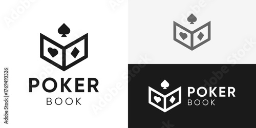 Creative simple poker book logo template. Ace with abstract book, Casino online logo design vector illustration.