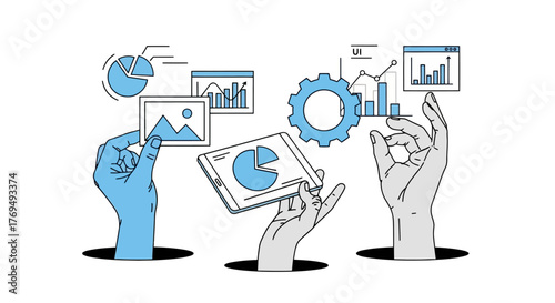 Hands Holding Data Visualization Elements Charts, Graphs, and Digital Devices for Analytics