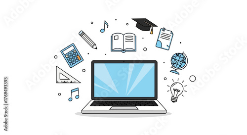 Online Education Laptop with Educational Icons for Learning and Knowledge, Ideal for Websites