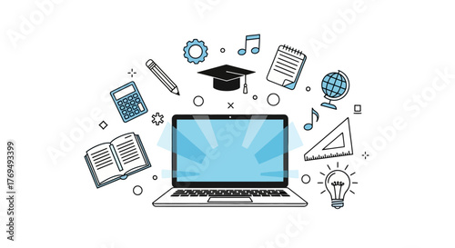 Online Education Concept Laptop with Study Icons | E-learning, Education, and Digital Learning
