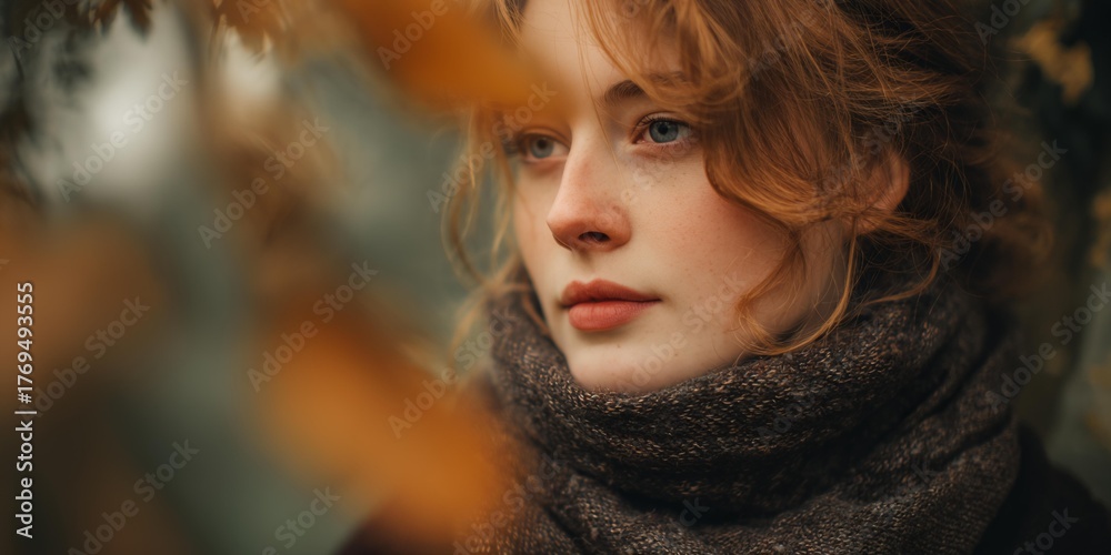 Fototapeta premium Woman with red hair and a scarf around her neck