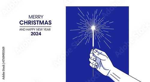 Merry Christmas and Happy New Year 2024 Celebration with Sparkler Illustration
