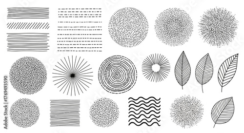 Hand-drawn graphic elements set texture, patterns, leaves, circles, lines, and artistic illustrations