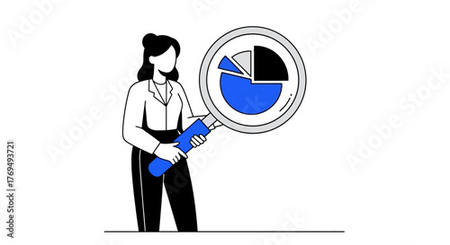 Business analysis with a magnifying glass Examining financial data and statistics for strategic insights