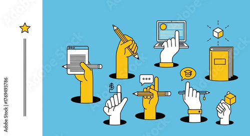 Creative Process and Digital Tools Conceptual Illustration of Hands Interacting with Technology