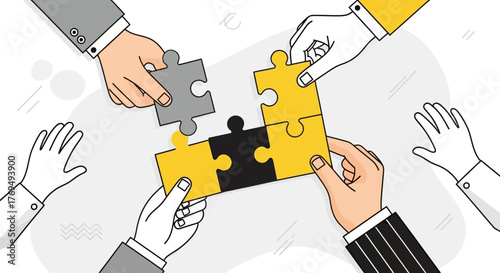 Teamwork and collaboration hands assembling puzzle pieces, representing connection & solutions