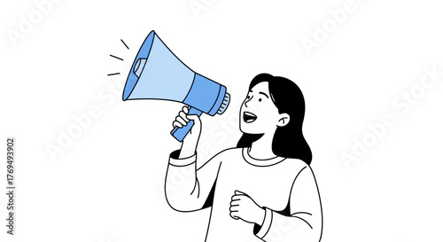Woman speaking through a megaphone, conveying an announcement, or making a public statement