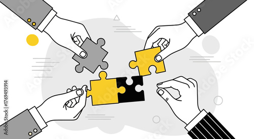 Teamwork and collaboration hands assembling puzzle pieces for business success and unity
