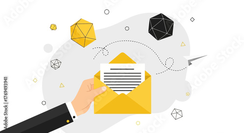 Email Marketing Concept Hand Holding Envelope with Message and Decorative Elements