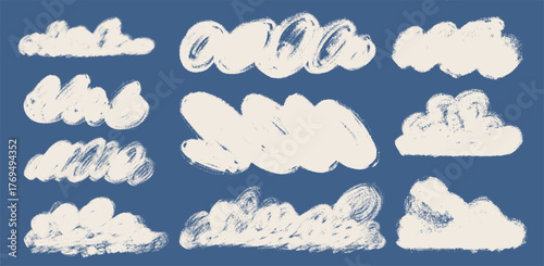 White fluffy crayon drawn clouds in a cute childish style. Hand-drawn naive sky icons with pastel chalk texture and rough doodle lines. Adorable vector illustration for kids design projects.