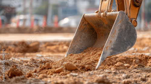 Powerful backhoe bucket digging soil at construction site. Close up detail of heavy yellow excavator equipment doing industrial groundwork