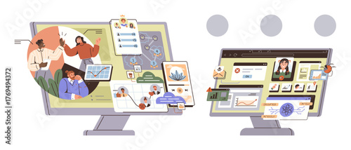 Dual monitors showcasing collaborative team communication, charts, graphs, analytics, and project management workflows. Ideal for teamwork, remote work, data analysis, workflow management digital