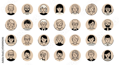Diverse collection of minimalist avatar icons on a beige background