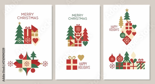 Holiday-themed Graphic Designs Festive Christmas Cards with Geometric Elements and Gift Icons