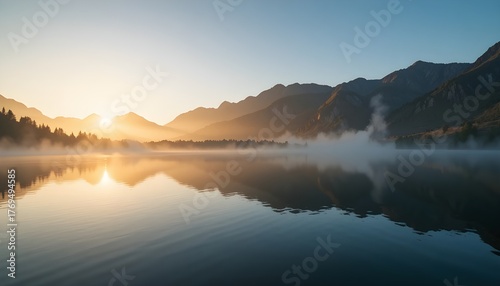 Early morning sunrise casting golden light over still lake surrounded by mountains, reflection of sky and peaks on water surface, 