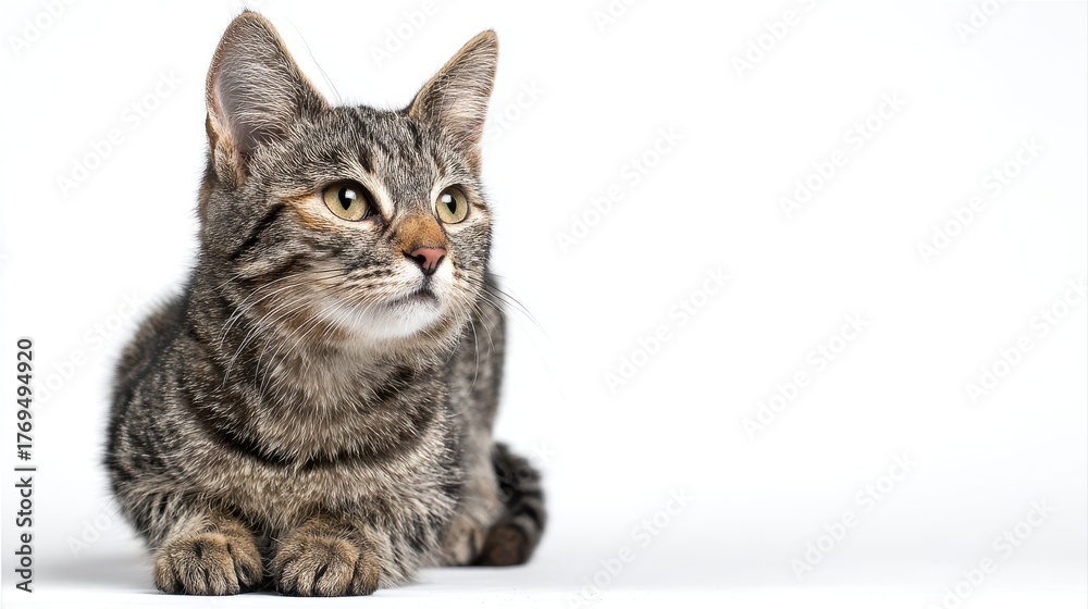 Fototapeta premium Studio portrait of a sitting tabby cat looking forward against a white back ground
