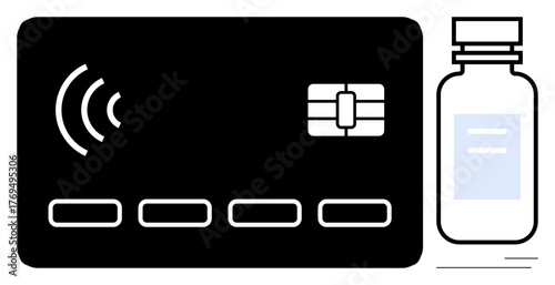 Contactless payment card with NFC signal icon next to medicine bottle, indicating health-related transactions. Ideal for healthcare, technology, finance, digital security, pharmacy, innovation
