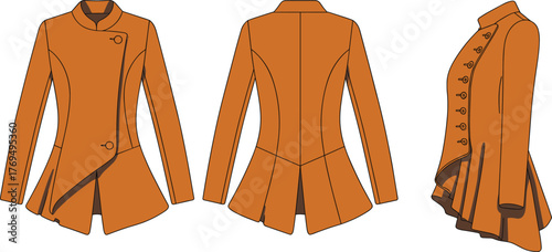 Orange tailored coat vector, fashion sketch, asymmetrical button design, flared hem, high collar, elegant silhouette, garment construction, side back front view