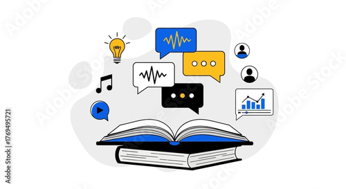 Education and Communication Visual depiction of learning through reading, speech, and analysis